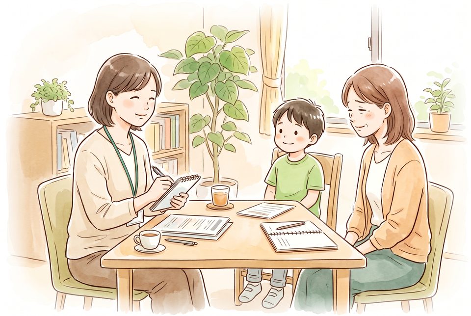 相談員が、お子さんとお母さんの話をやさしく聞いている絵